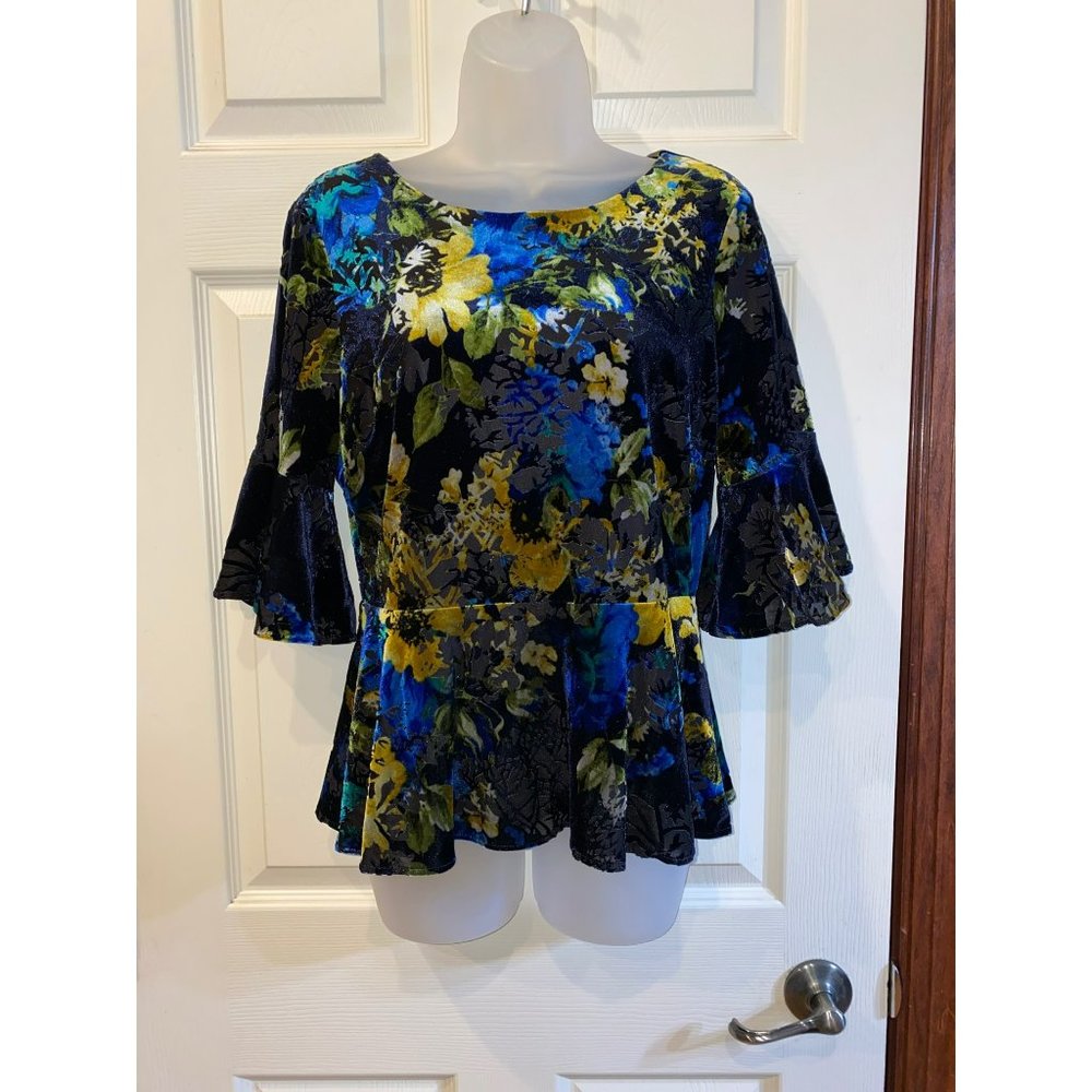 Eva Franco Velvet Floral Blue and Yellow Peplum Blouse Top Shirt Size Medium